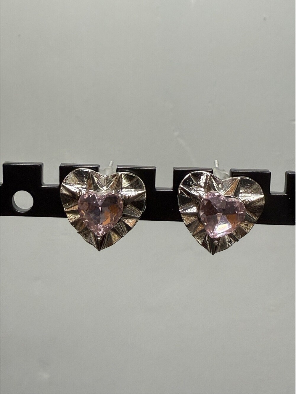 Sparkling Pink CZ & Silver Toned Metal Heart Shaped Earrings ~ Pair ~ New